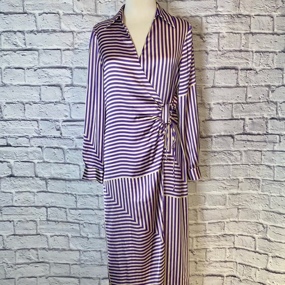 Mango (MNG) Satin Purple & Cream Striped Wrap Dress. Mid Length. Size 8. - Picture 7 of 15